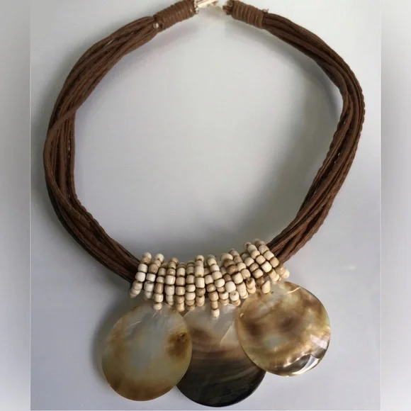 Multi-cord Shell Statement Necklace Brown Tan Ivory 20” Long - Picture 3 of 5